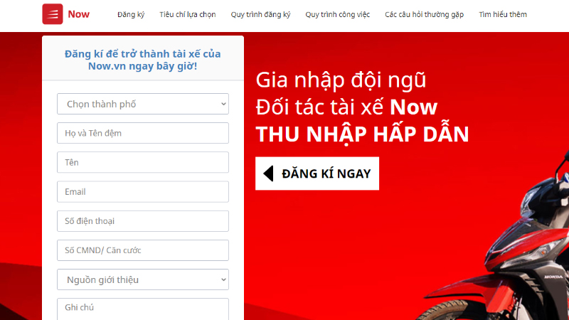 Form đăng ký làm tài xế Now online